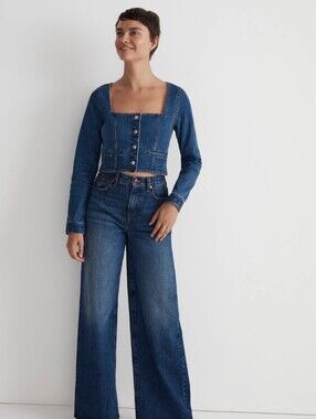 Madewell Denim Crop Top Jacket Size 6 Blue Button Front Square Neck Y2K Western